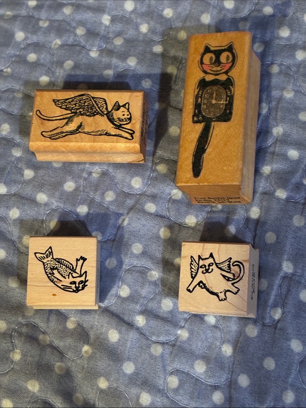Wood Block Cat Stamps set of 4 - Claudia Rose, Stamp Happy, Fruit Basket Upset